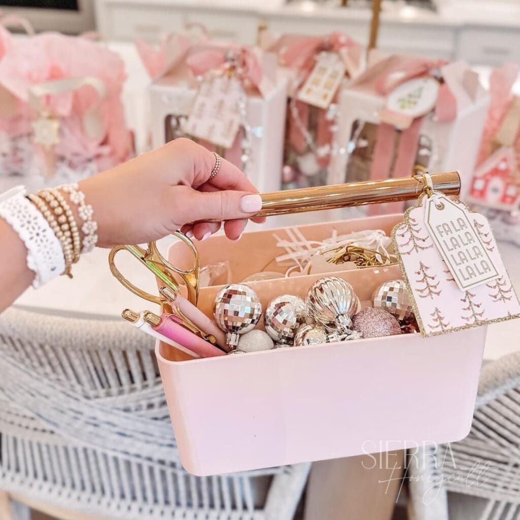 christmas teacher gift idea supplies in a pink caddy